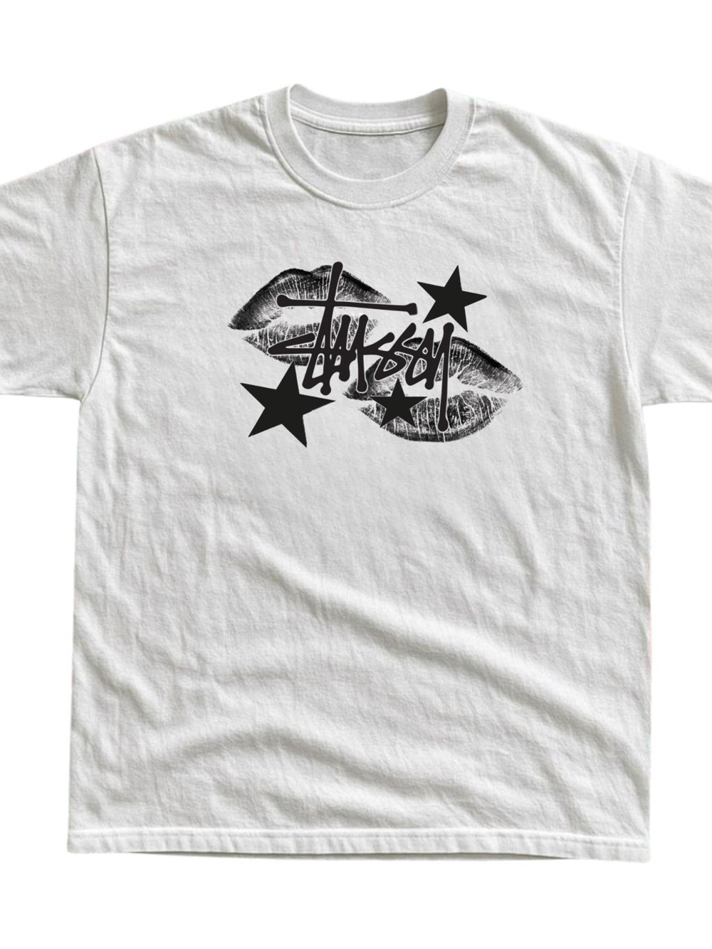 Gildan Stussy White Tee with Black Lip & Star Graphic